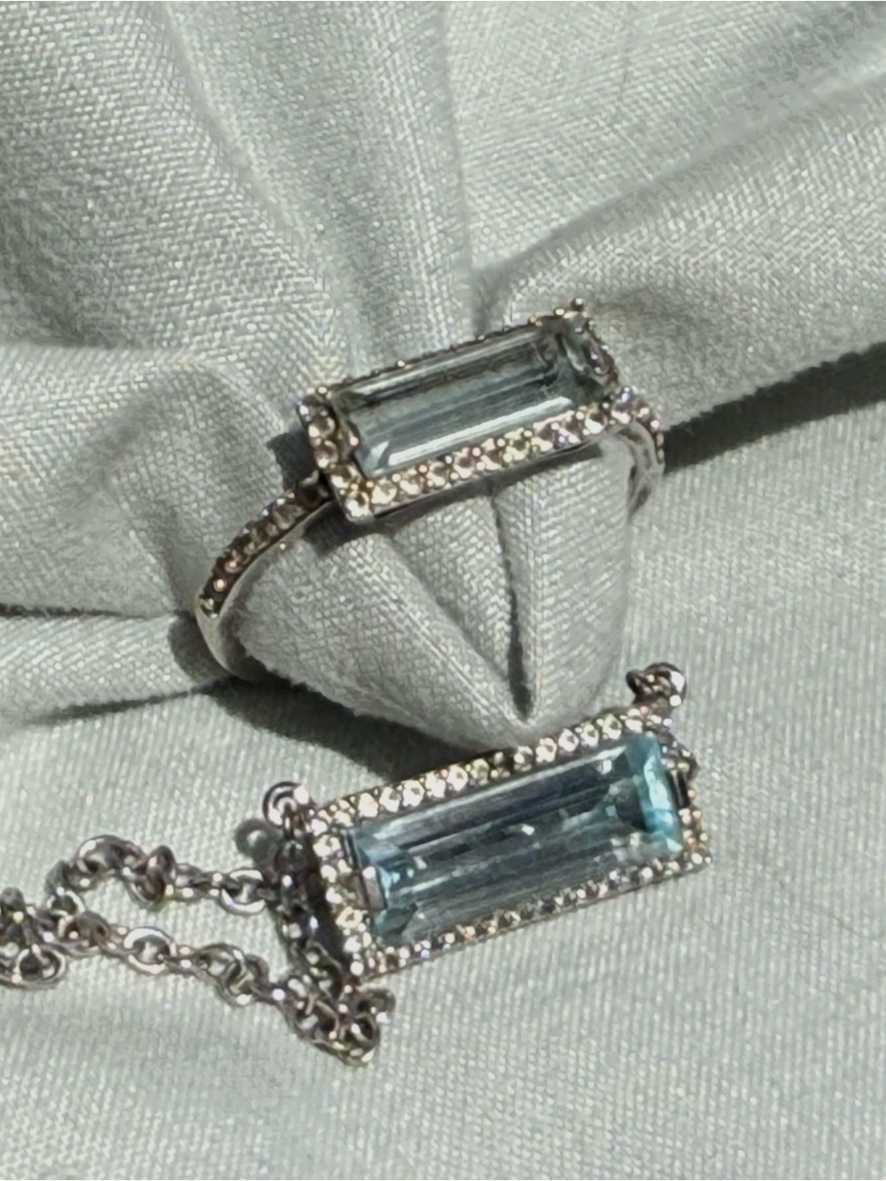 Blue Topaz Rectangle Pendant and Ring Set - in Sterling Silver